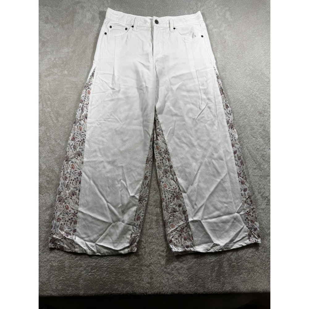 Lucky Brand Womens Palazzo Floral Side Panel White Tencel Jeans 10/30 Meas:33x29
